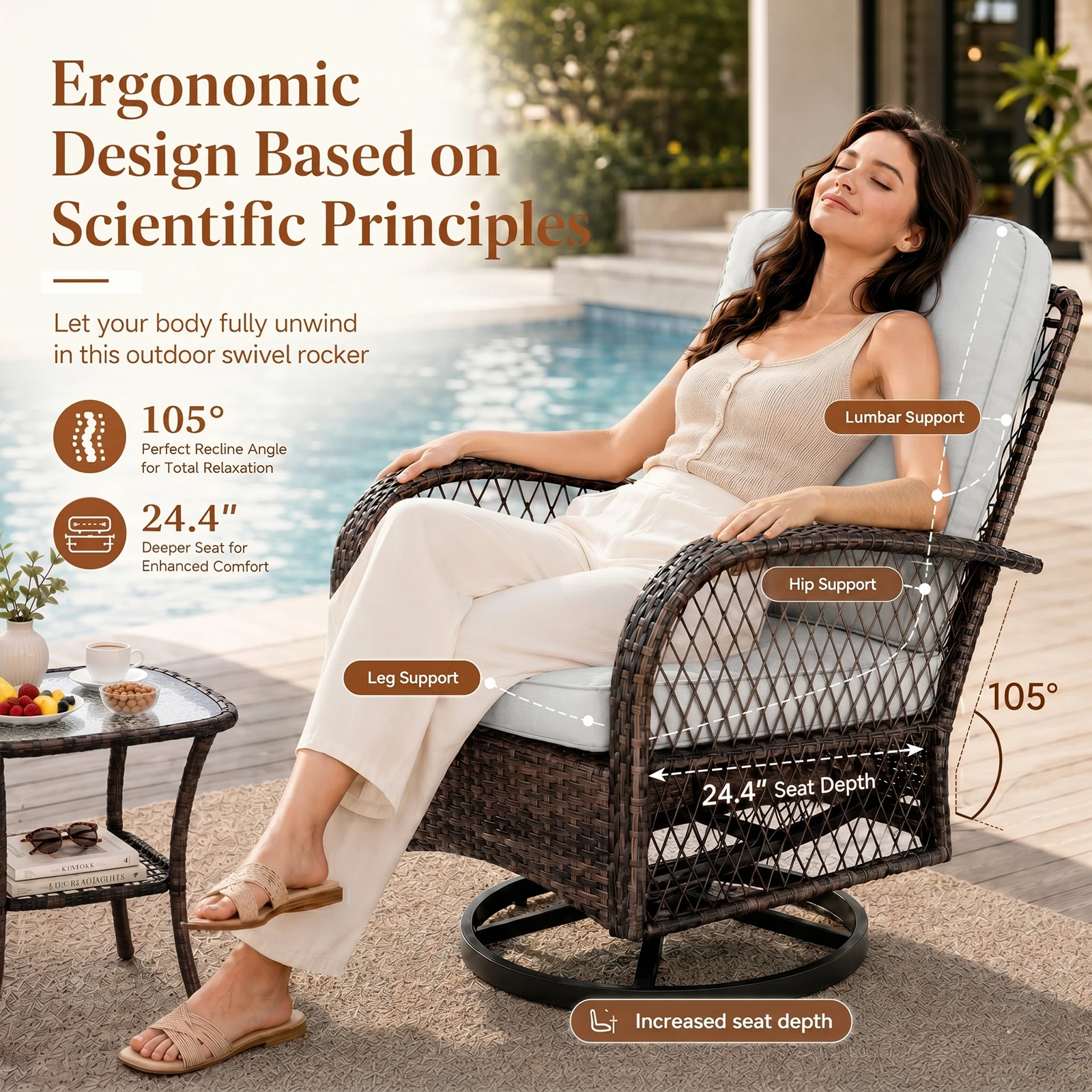 Outdoor Patio Wicker Swivel Rocker Conversation Set, Light Gray Thick Cushioned PE Rattan Swivel Chairs With Tempered Glass Side Table, Weather Resistant Seating Group, 3‑Pieces For Backyard, Garden, Poolside, Porch