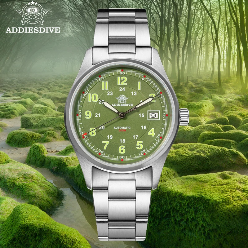 ADDIESDIVE Automatic Watch Matcha Green Dial NH35 Sapphire Wristwatch 39mm Stainless Steel Luminous Waterproof 20ATM Dress Watch