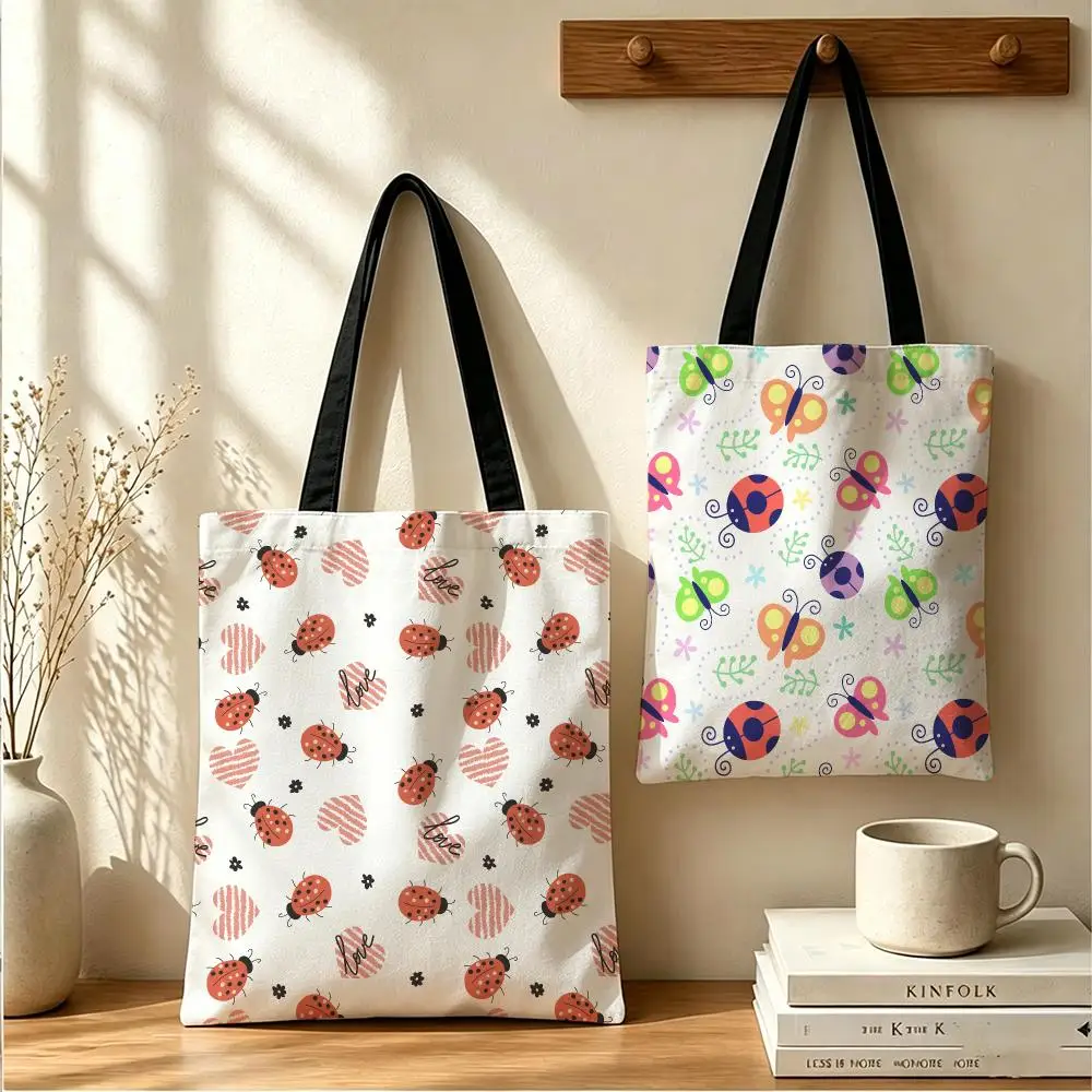 Sweet Ladybug Pattern Storage Bags Large Capacity Canvas Tote Bag Reusable Shoulder Handbag for Daily Shopping Travel