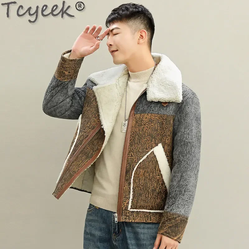 Tcyeek-Chaqueta de piel auténtica para hombre, abrigo corto de piel de oveja Natural, con solapa, a la moda, para invierno, 2023