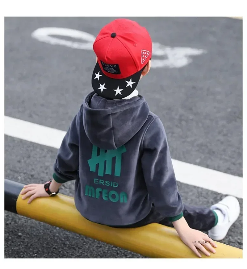 New Double-Sided Plush Boys Clothing Set Autumn Winter Warm Letter Suit For Kids 3-10 Years Children Clothes
