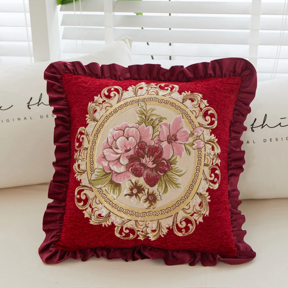 48x48cm Vintage Embroidery Flowers Jacquard Cushion Cover Nordic Style Ruffled Edge Decorative Pillow Cover Home Sofa Pillowcase