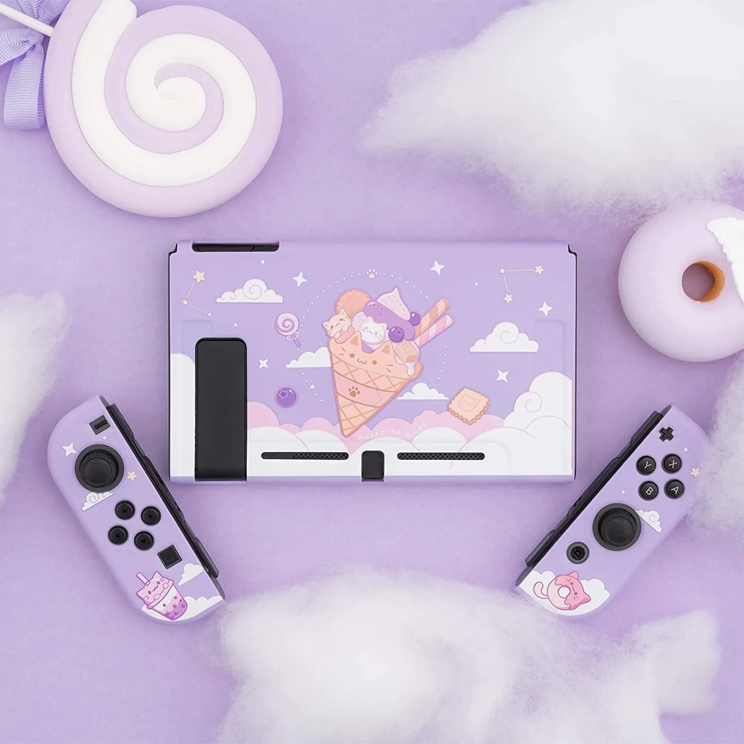 GeekShare nintendo switch caso kawaii sorvete gato dos desenhos animados roxo estrelado macio tpu cobertura completa volta girp escudo para ns acessórios