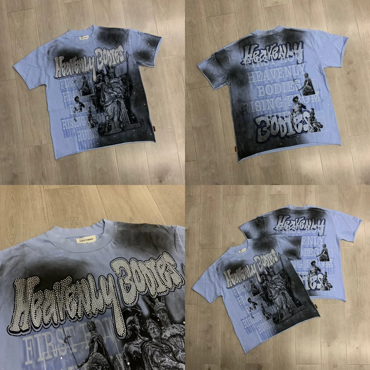 Unisex Light Purple Rhinestone T Shirt FIRST ROW Graphic Letter Print Tees Y2K Retro Streetwear Oversized Loose Short Sleeve Tee