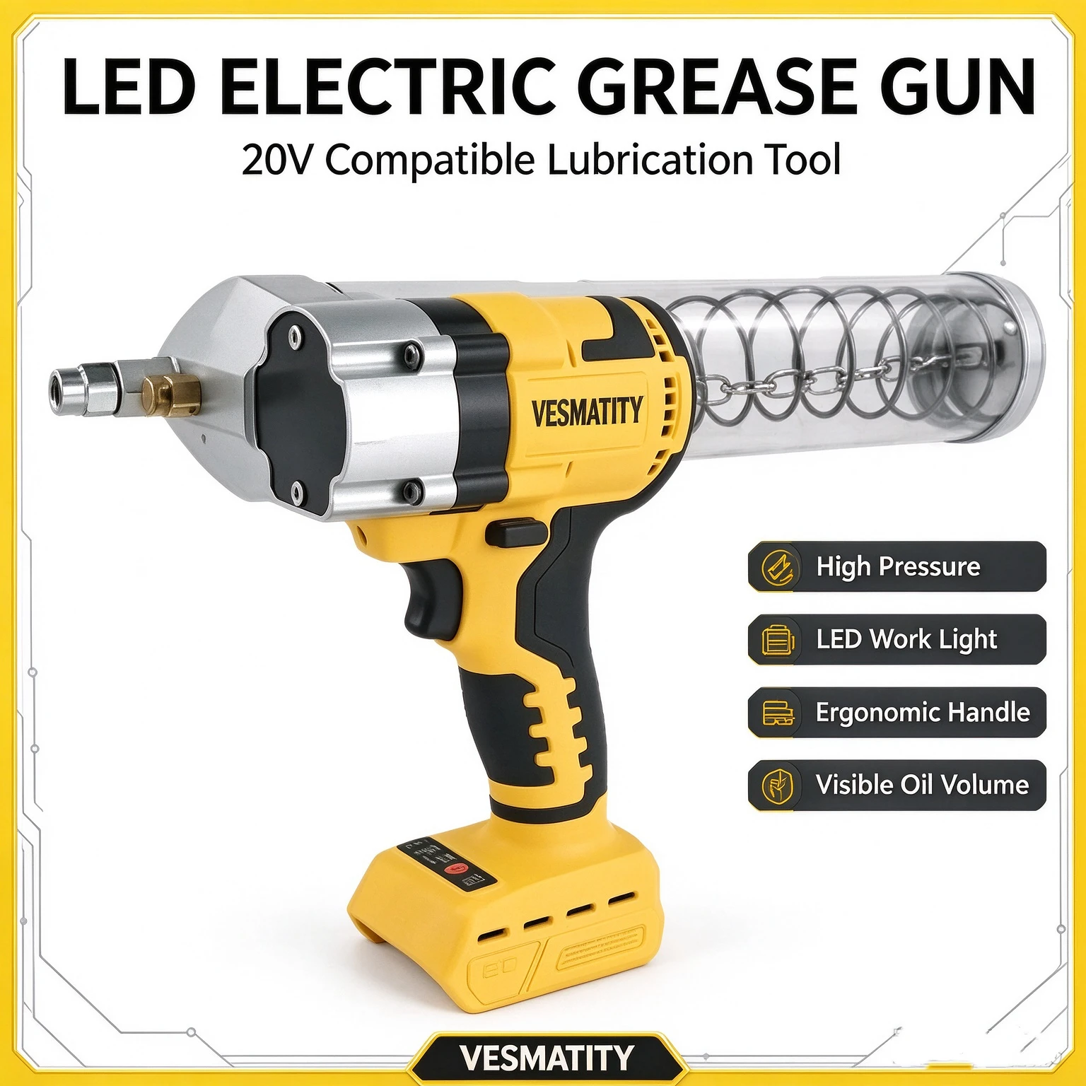 Cordless Electric Grease Gun with LED Light High Pressure Grease Injector Tool for 20V Battery Heavy Duty Machinery Lubrication