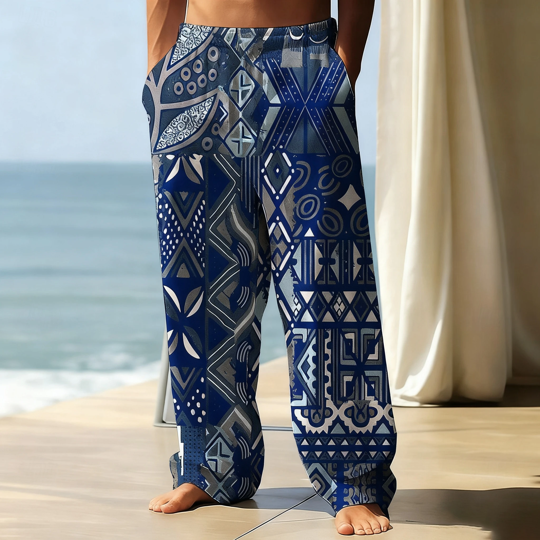 

2025 Fall Men's Geometric Ethnic Pattern Print Pants Trousers Home Pajama Pants Elastic Waist Casual Home Trousers Men Clothing
