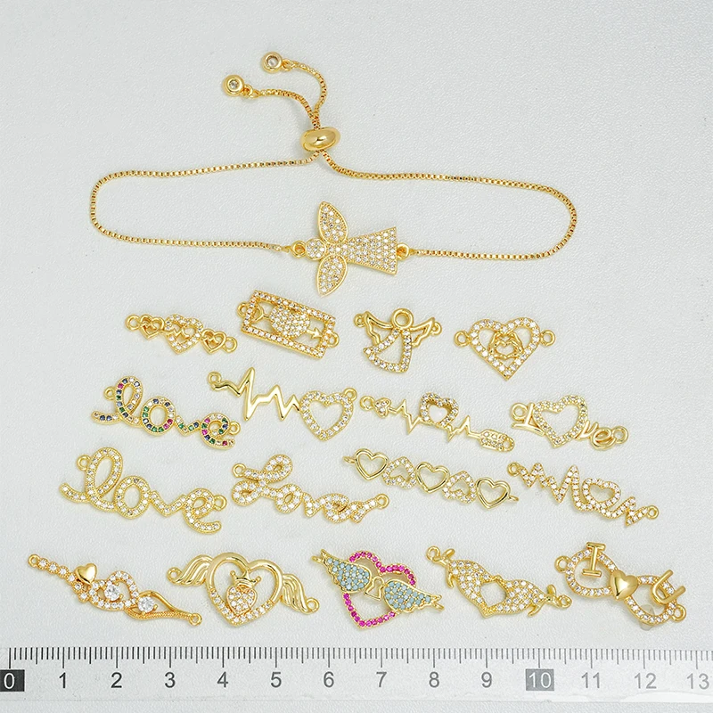 12Pcs Connector Diy Jewelry Accessories Necklace Bracelet Making LOVE Angel Heart Wing Kangaroo Brass Inlay Colorful Zircon Part