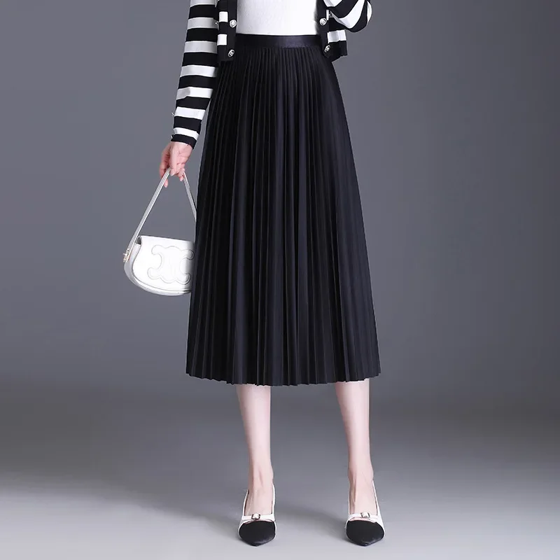 

Women Elastic High Waist Solid Color Pleated Skirt Spring Autumn Elegant Chic Slim Casual Korean Style Mid-long Skirts 9833