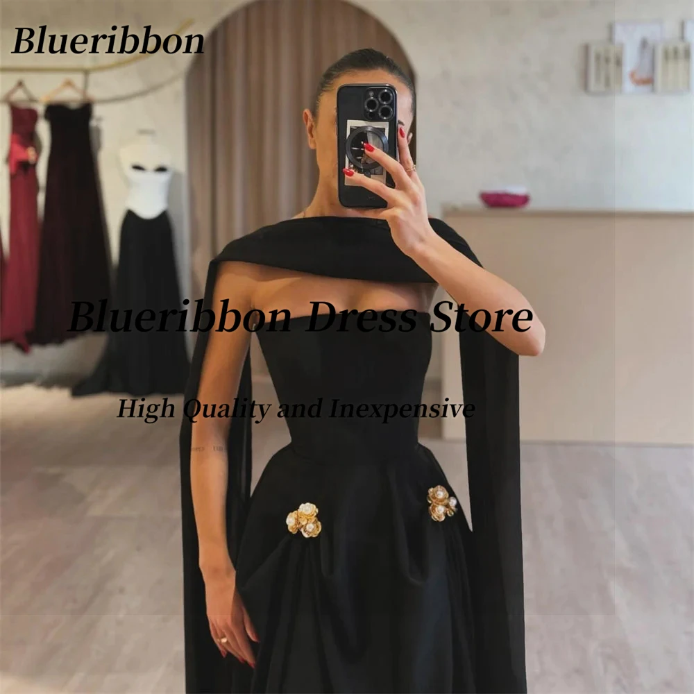 Blueribbon vestidos de baile preto sem alças ouro flores decoração vestido de festa de casamento longo ruched vestidos formais de noite personalizados
