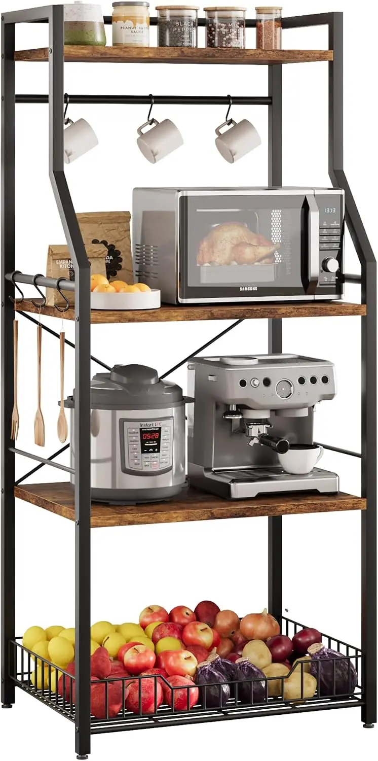 4-Tier Household Floor-Standing Rack For Cookware multi-level and Multi-functional Storage For Bathroom Home Metal Frame 8 S-Hooks Industrial Coffee Bar Storage Shelf