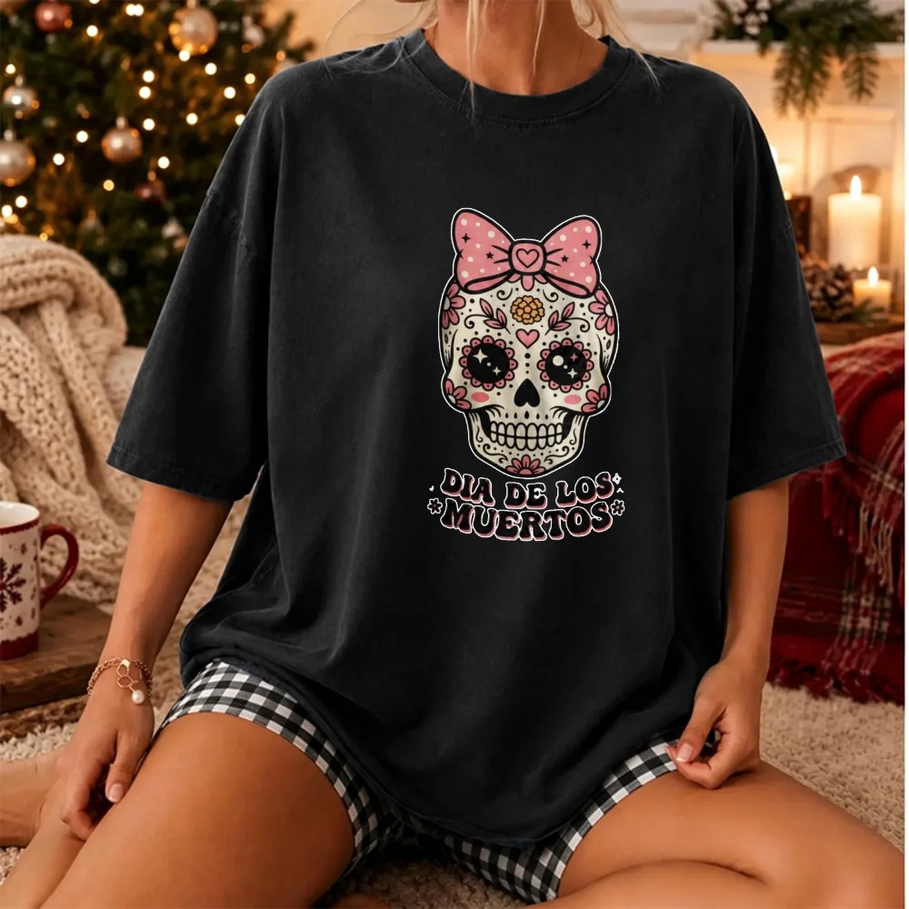 Cute Coquette Dia De Los Muertos Sugar Skull T‑Shirt Pink Polka Dot Bow Heart Floral Calavera Mexican Folk Halloween Casual Tees