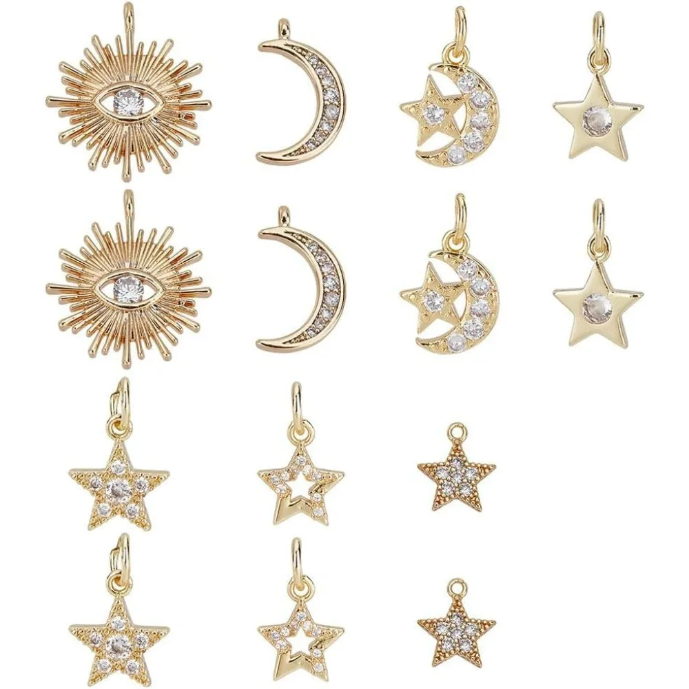 14Pcs 7 Styles Brass Micro Pave Cubic Zirconia Charms Rhinestone Crystal Moon Star Charms Planet Starry Charms Dangle Pendants