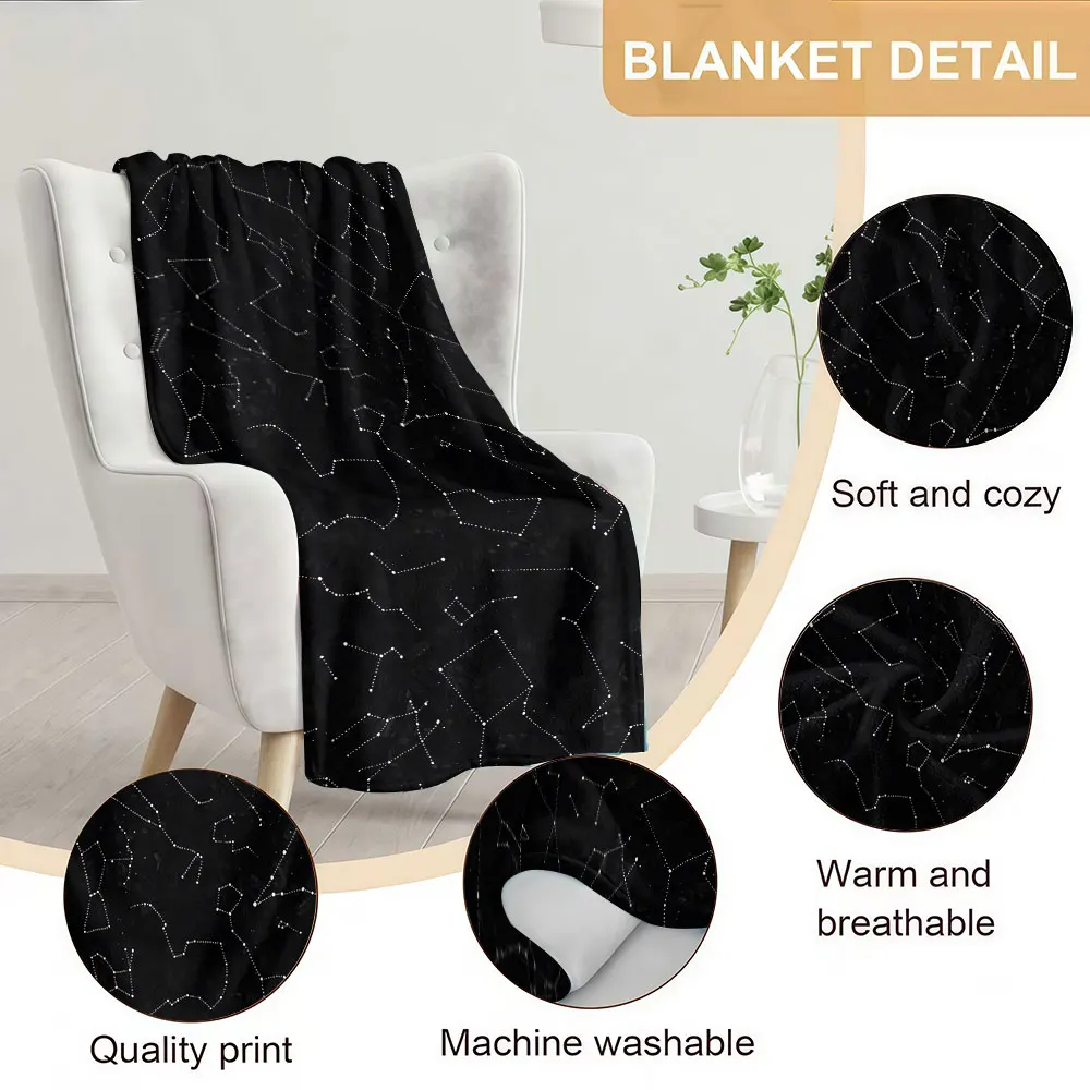 Black Star Constellation Soft Warm Flannel Blanket Lightweight Cozy Christmas Halloween Home Decor Room
