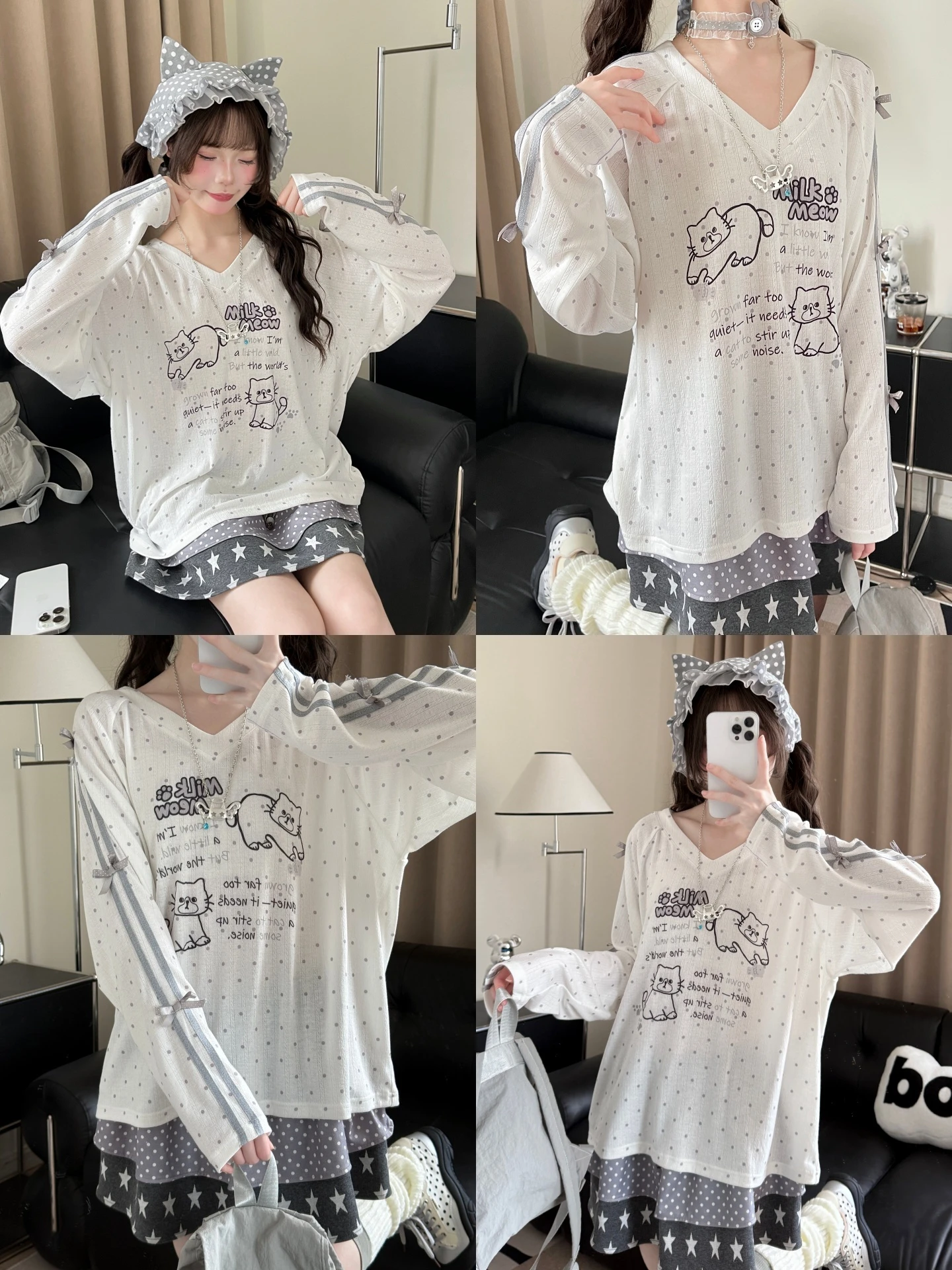 Lightweight Summer Sun Protection Long Sleeve V-Neck T-Shirt Women's Loose Fit Polka Dot Print Design Fairy Tale Sweet Style