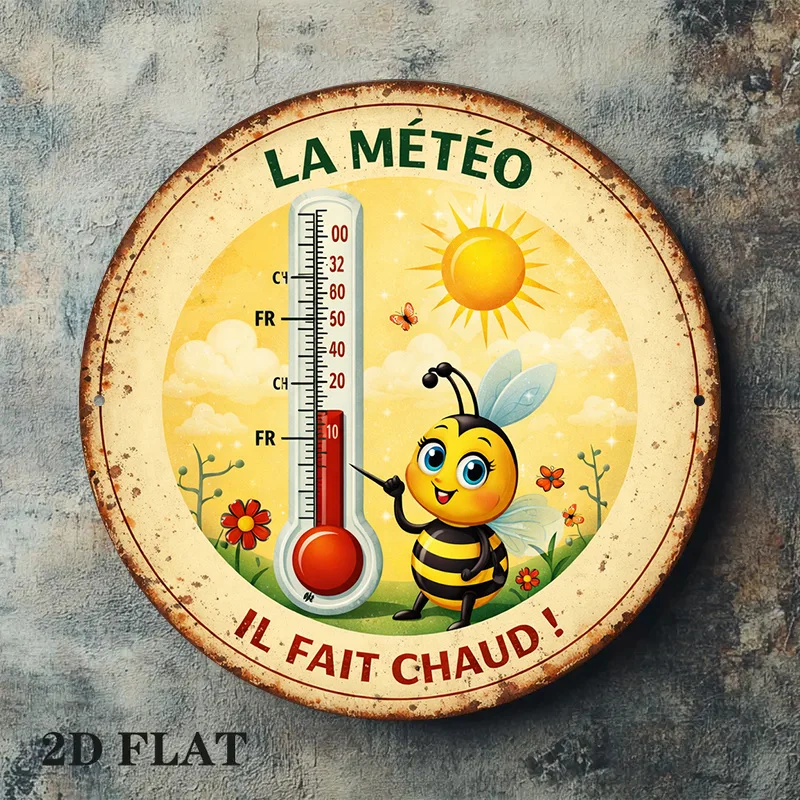 2D Flat, 1pc Round Wooden Sign, Retro Weather Forecast Hanging Sign, Cute Little Bee And Thermometer Decorative Board, Suitable
