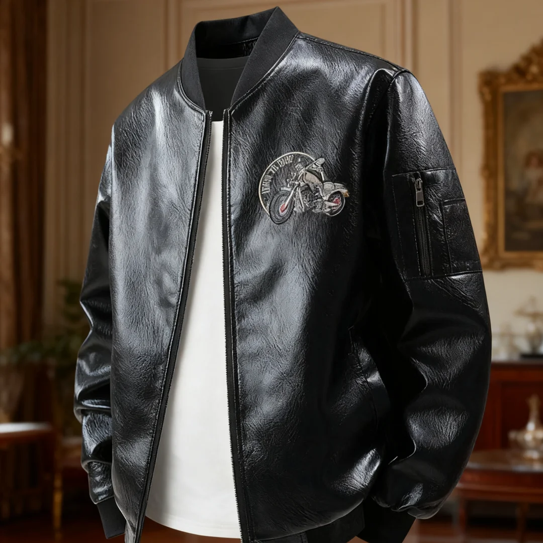 

Мужская мотоциклетная куртка с вышивкой - байкерское пальто из искусственной кожи с бейсбольным воротником для повседневной зимней одежды