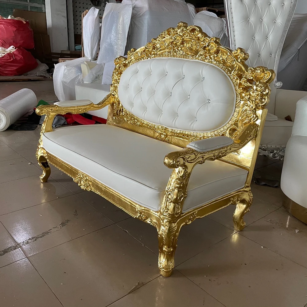 Royal Wedding Golden Carving Wood Sofa Throne Chairs For Reception Living Room