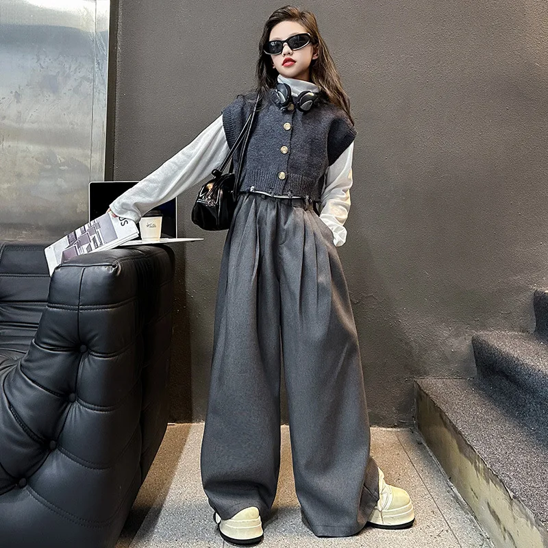 

Autumn Kids Girls 3pcs Outfit Children Girls Turtleneck Long Sleeves Undershirt+Single-breasted Knitted Vest+Elastic Waist Pant