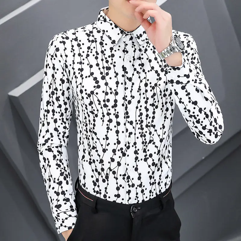 High Quality Men’s Spring&Autumn Fashion Korea Version Long Sleeve Handsome Printing Casual Shirts Slim-fit All Match Shirt;