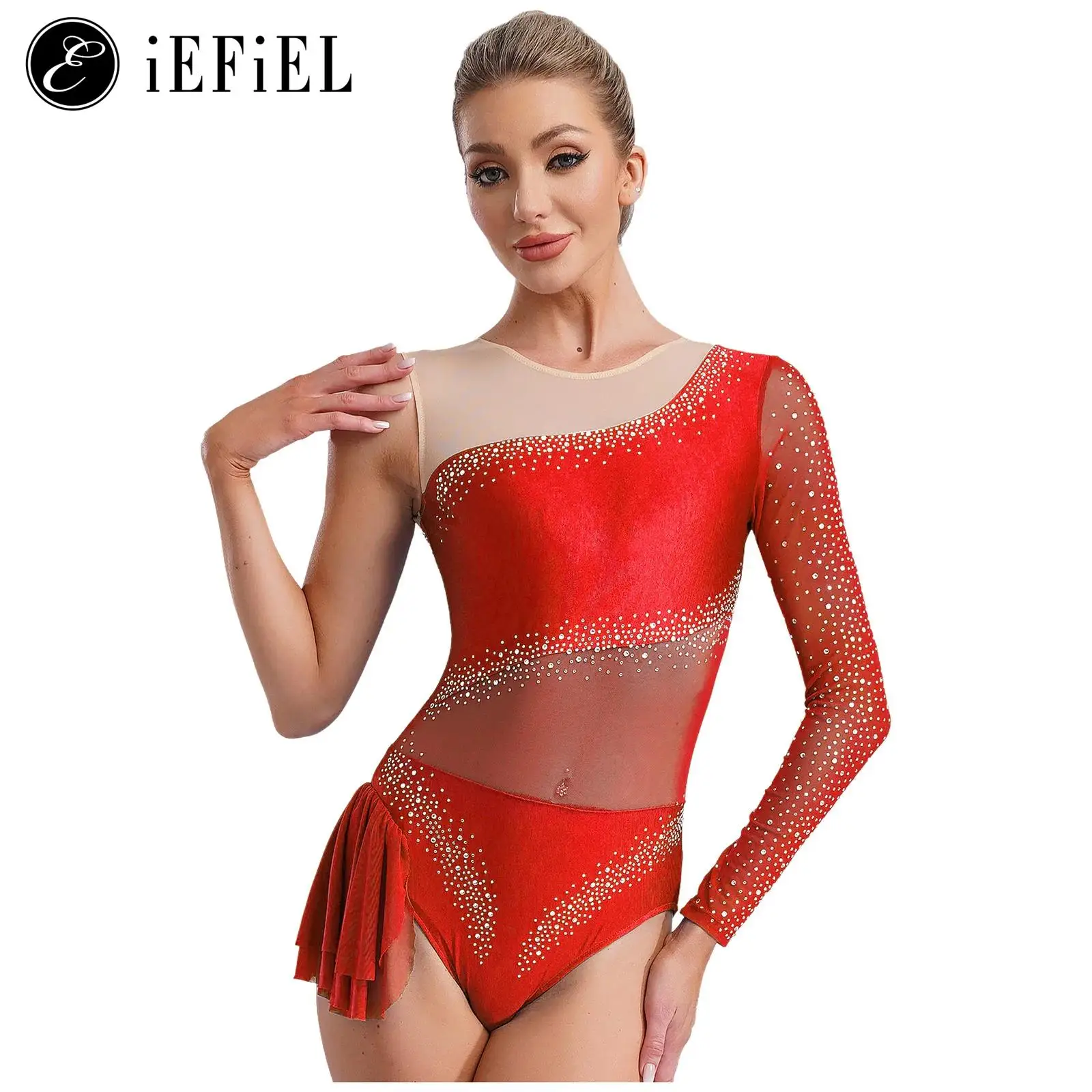 

Women Figure Ice Skating Dance Costume One Mesh Long Sleeve Gymnastics Leotard Skirts Lyrical Dance Dress Dancer Bodysuits