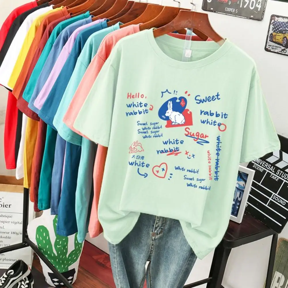 Cartoons Cotton Women T-Shirts Sweet Sugar White Rabbit Printing Tee Shirts Loose O-Neck Soft Comfortable Tees Female Clothes