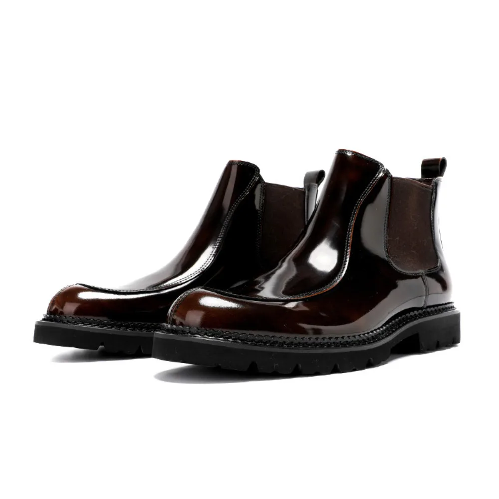 New Premium British Glossy Boots for Men Genuine Full Grain Leather Business Thick Sole High Top Mens Boots