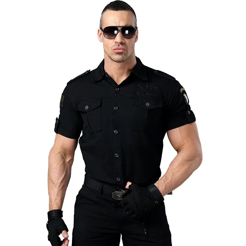 

Men Khaki Shirt Short Sleeve Military Shirt Men Blouse Pilot Camouflage Double Pocket Loose Army Green 2024 New Model Male Shirt