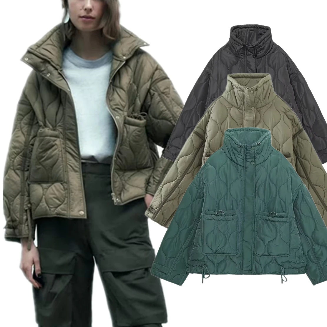 

Dave&Di Autumn and Winter Cotton Jacket Coat Quilted Stand Collar Vintage Zipper Ladies Parka Coat Women