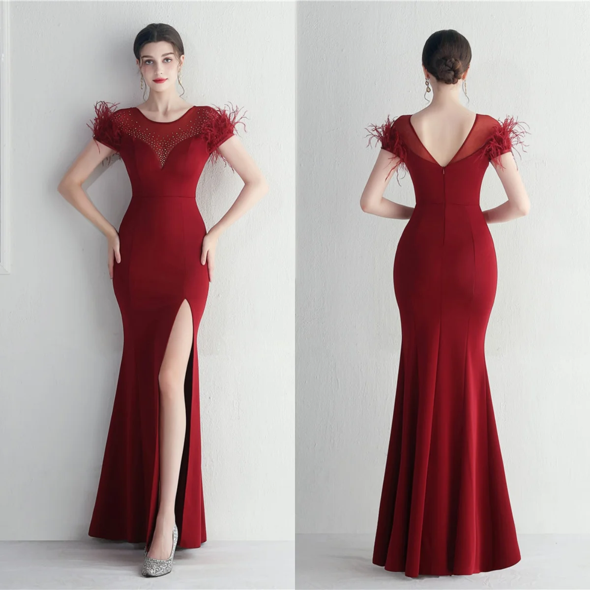 

Evening Dress Burgundy Cystal Feather Stretchy o-neck Sleeveless Zipper Mermaid Trumpet Floor Length Slit Lady Party Formal Gown