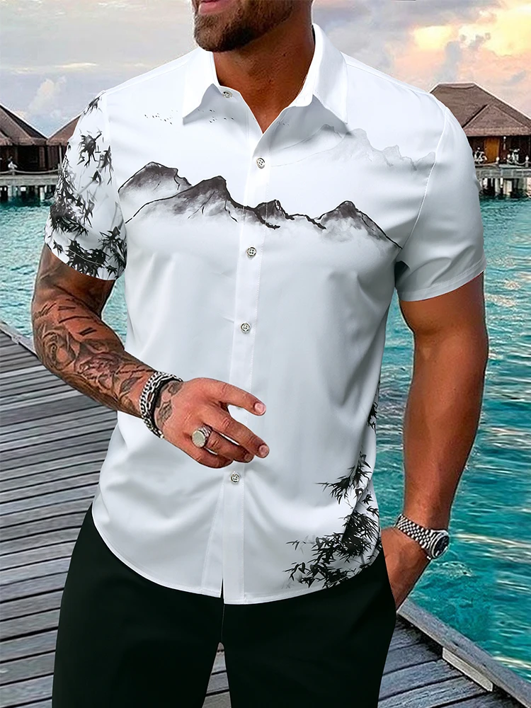 Men\'s summer short sleeved casual button up shirt, lapel shirt, white shirt