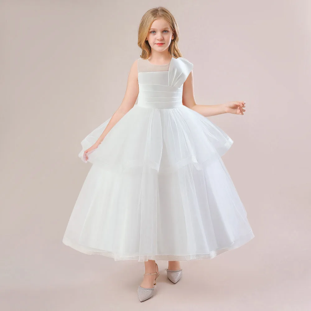 4-14 Years White Wedding Bridesmaid Party Dress For Flower Girls Kids Tulle Princess Prom Gown Birthday Clothes Evening Costumes