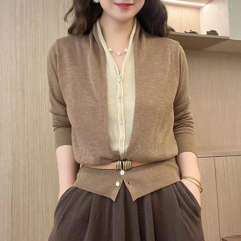 Women Stylish V Neck Patchwork Elegant Fake 2 Piece Knitted Cardigan Office Lady with Belt Chic Casual Long Sleeve Loose Sweater