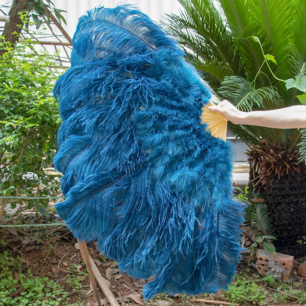 Blue Large Ostrich Feather Fans Fluffy Various Styles Performance Dance Folding Hand Held Fan Party Props Stage Show Props 130CM