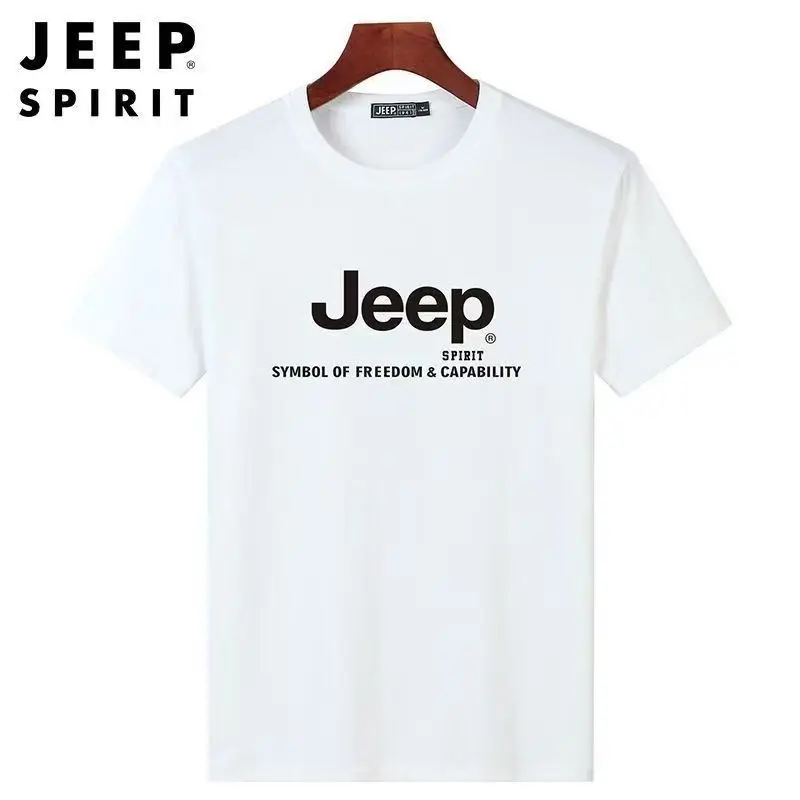 JEEP SPIRIT Men's T-shirt Summer 100% Cotton Thick Printed Sports Breathable Round Neck Top Loose Solid Color Short Sleeve