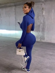 One-Piece Backless Bodycon Jumpsuits for Women, Hooded Outfit, Long Sleeve, Monochrome, Autumn