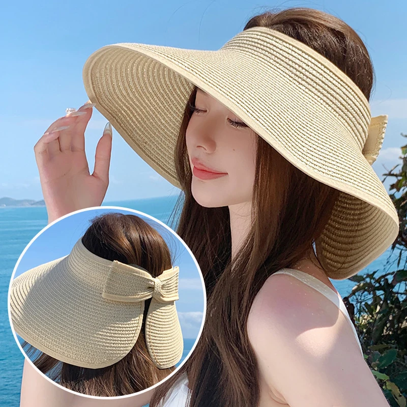 

Large Brim Empty Top Beach Straw Hat for Women Bows Sun Hats Lady Summer Sunshade Visor Cap Outdoor Foldable Uv Protection Caps