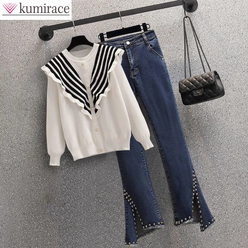 Autunno New Ruffle Navy Collar camicia in Chiffon a maniche lunghe pantaloni Casual a tromba Jeans Set a due pezzi pantaloni eleganti da donna