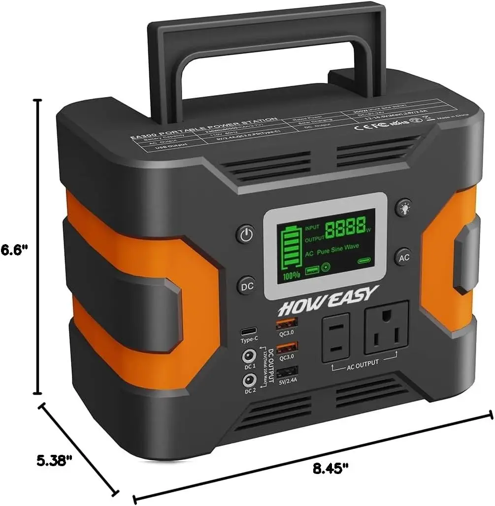 Howeasy 300W Portable Power Station, 236Wh Solar Generator (Without Solar Panel), Pure Sine Wave 110V Ac Socket, Spare Lithium Battery, Led Light/Dc/Usb/Qc3.0 for Camping Style Use