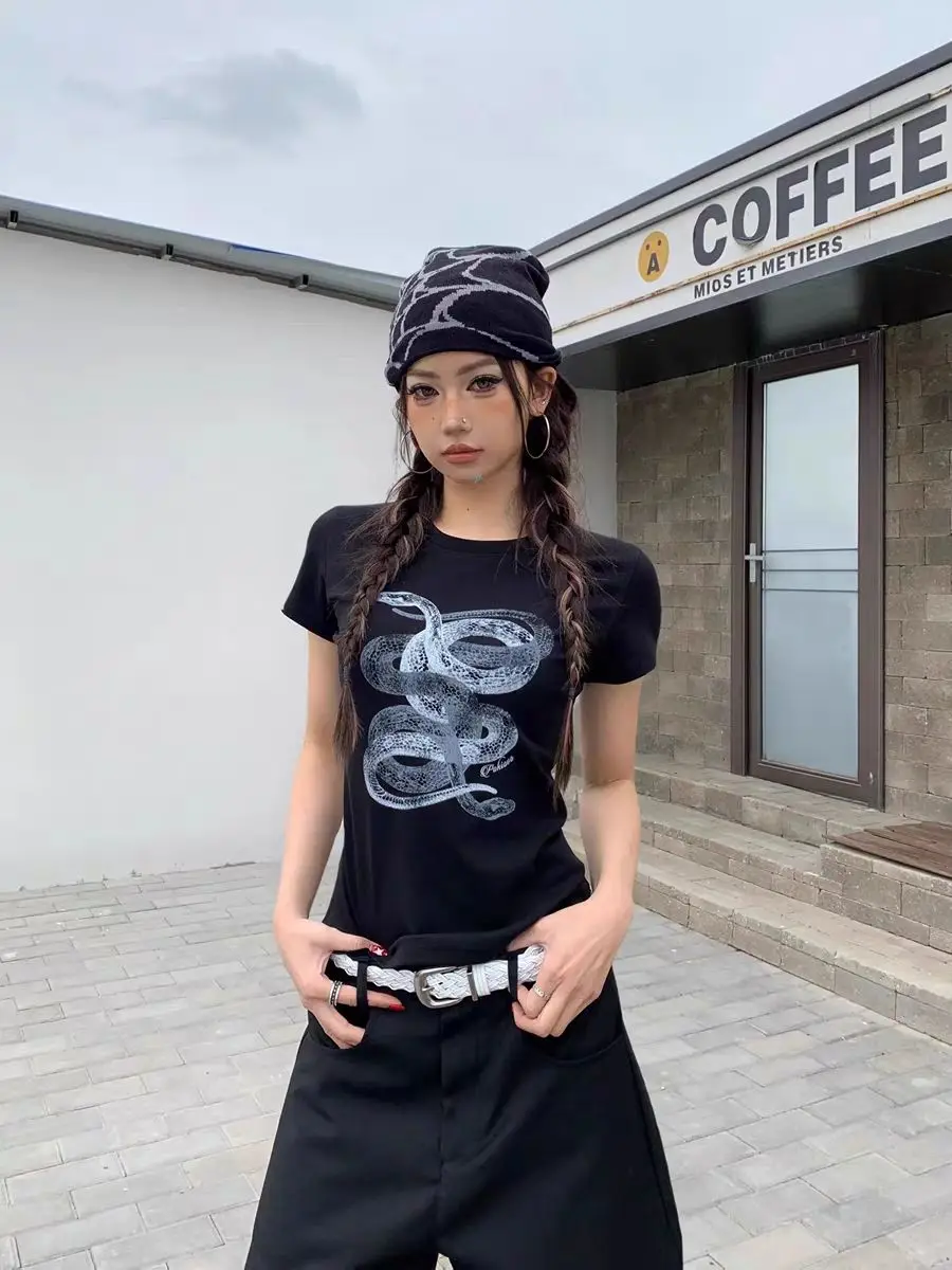 Slim Fit Graphic Print Short Sleeve T-Shirt Women's Y2K Style Ins Casual Retro Snake Print Grunge Baby Tee