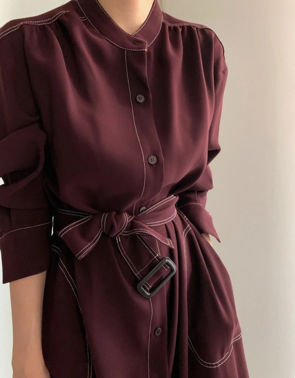 Neues Frühlings-Herbst-Einreihiges Damen-Hemdkleid mit Stehkragen, koreanischer Casual-Stil, gerade geschnitten, elegantes langes Kleid für Damen. – Detail 12