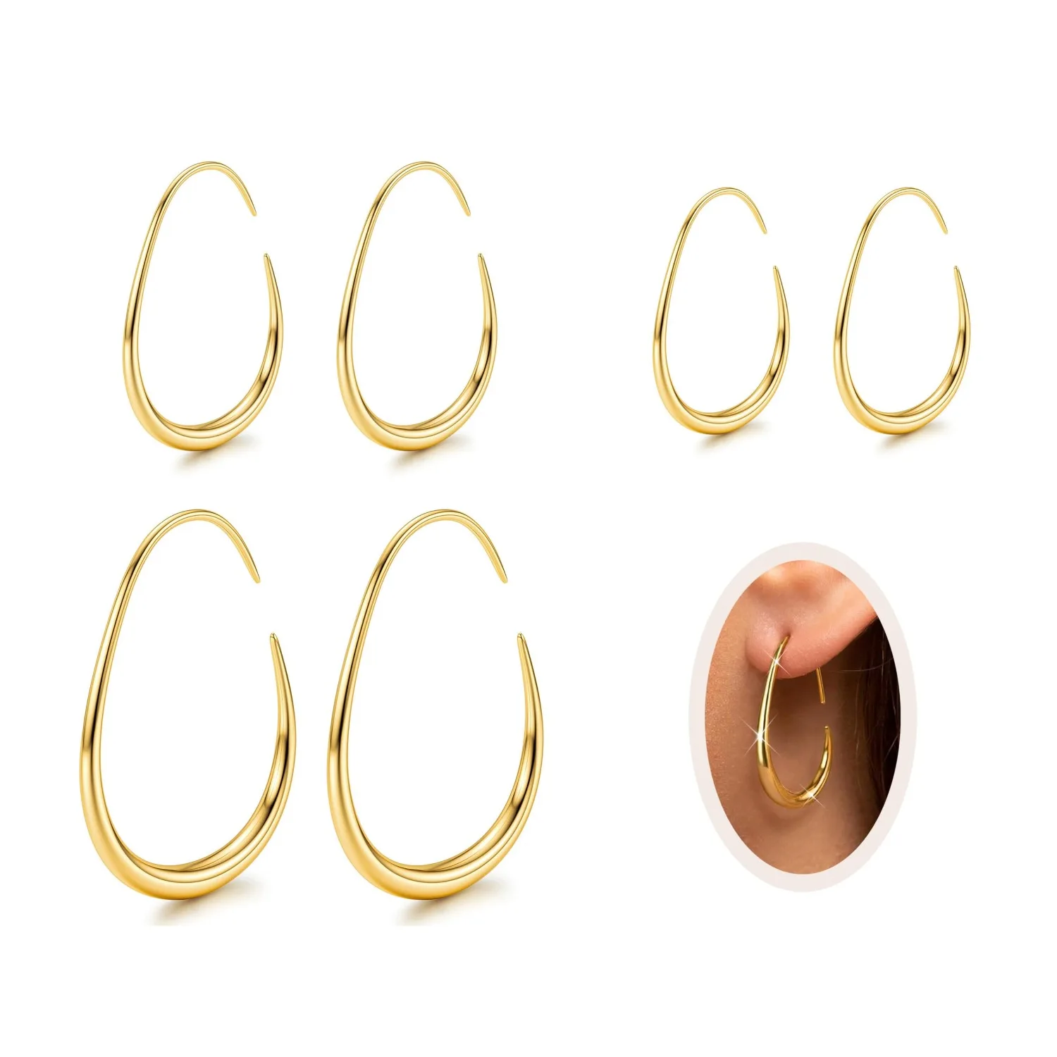3 Pairs 14K Gold Plated Teardrop Hoop Earrings for Women Hypoallergenic Thin 316L Stainless Steel Earrings for Sensitive Ears  Waterproof Oval Pull Through Earring Set Lightweight Earring
