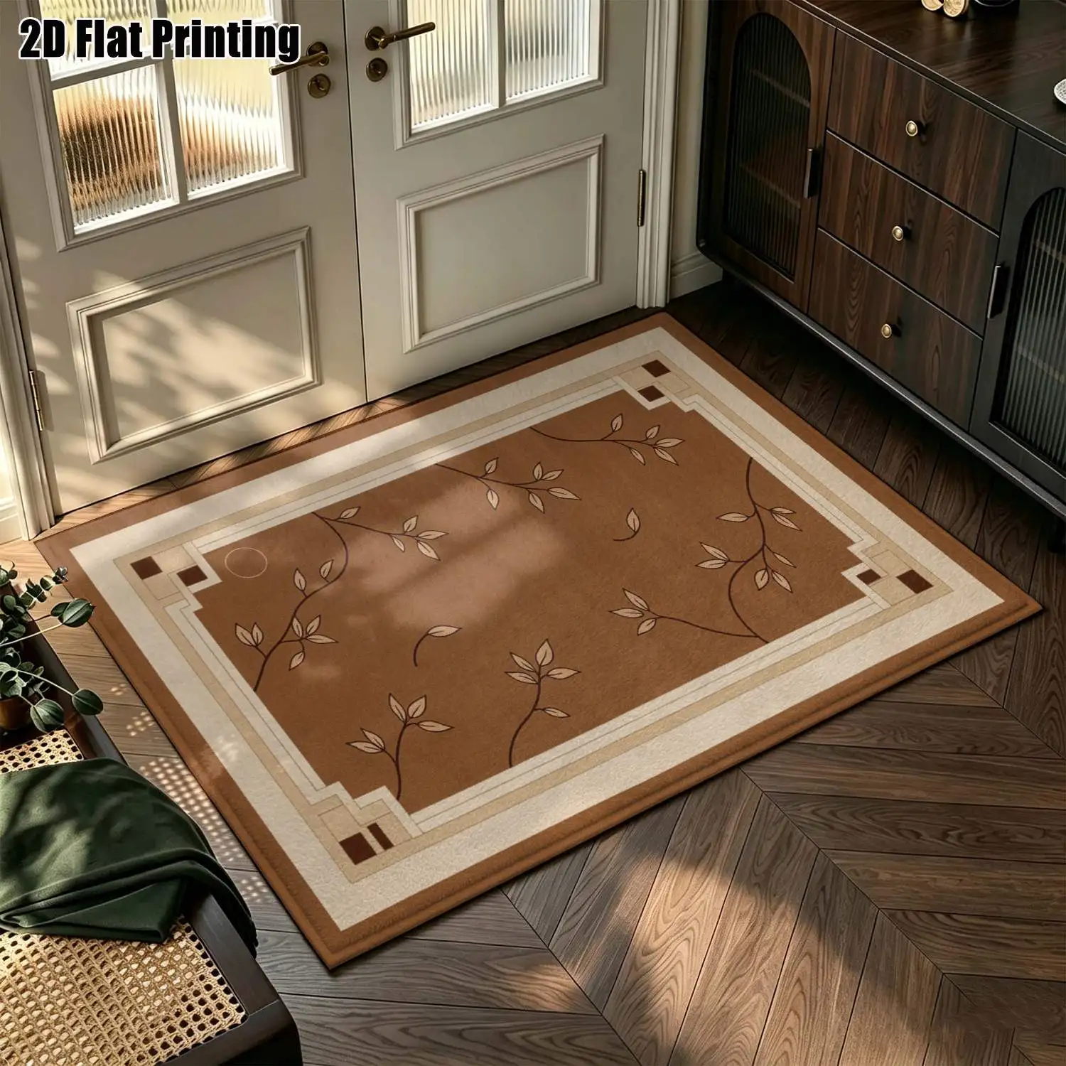 1Pc 2D Printed Carpet: Brown Leaf & Branch Geometric Border, European Retro Geometric Style, Home Decor, Multiple Sizes, Machine Washable, for Entryway, Living Room, Bedroom, Dining Room, Foyer