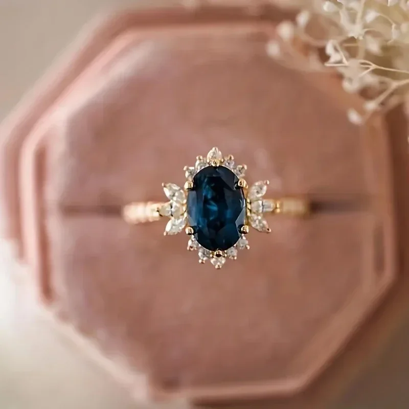 Huitan Luxury Gold Color Thin Ring for Women Blue Oval Cubic Zirconia Gentle Wedding Engagement Charming Accessories Jewelry