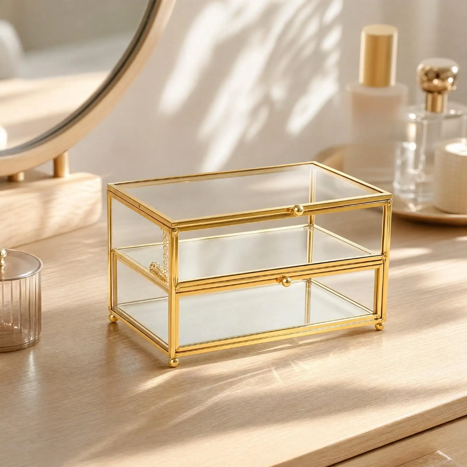 Compact Glass Jewelry Display Case with Drawer and Hinged Lid for Necklaces Earrings Rings Boutique Counter