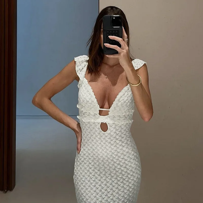 XIAOTANG Elegant Tie Detail Sexy Cut Out Backless Dress Party Club Outfits Summer See Through Sleeveless Dresse Robe New