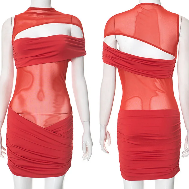 Sexy pura malha retalhos bodycon mini vestido feminino noite fora clube wear oco para fora um ombro festa vestidos curtos aniversário