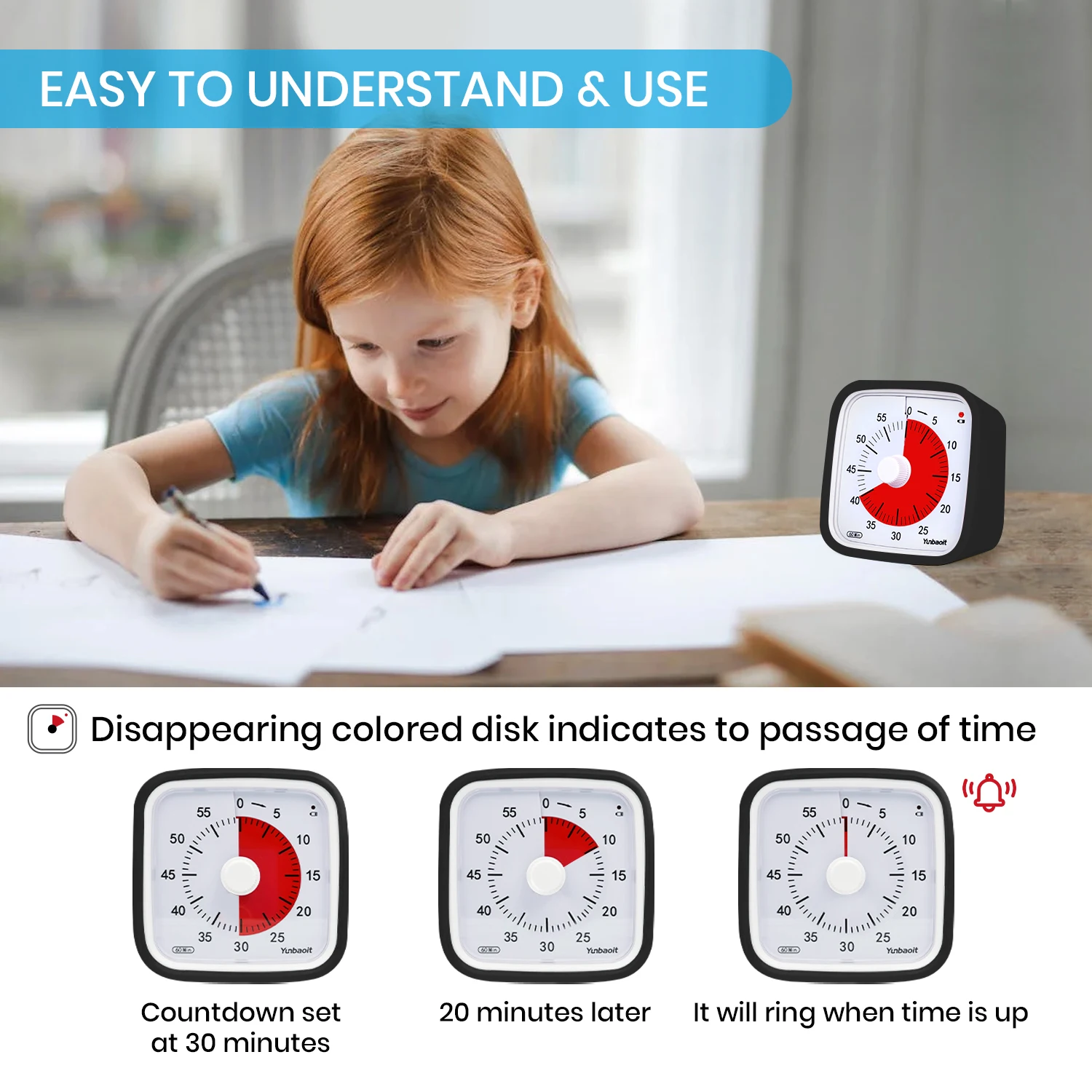 Yunbaoit VT01 Upgraded 60 Minute Visual Timer with Protective Case Silent Countdown Timer for Kids,cooking，classroom，sports