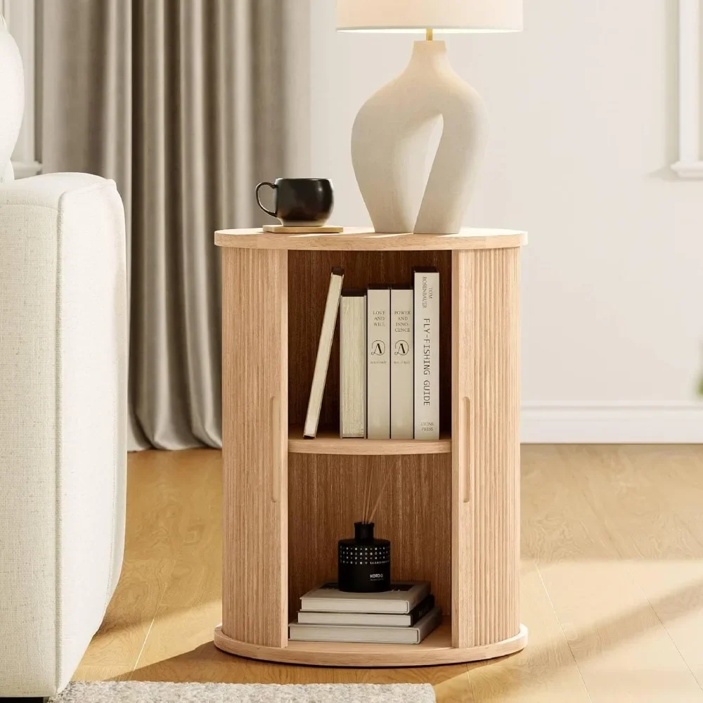 

End Tables, Side Table W/Storage End Table Sliding Tambour Door, Adjustable Shelf Small Wood Bedside Table for Bedroom Live Room