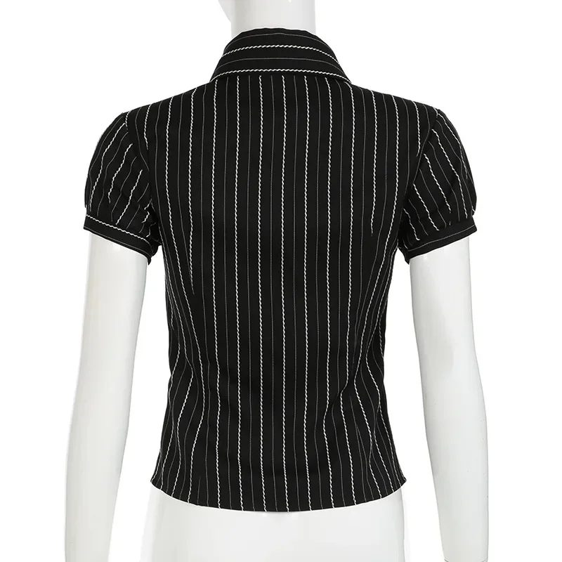 Black White Striped Button Tee Shirt Y2K Women Casual Puff Sleeve Fitted Crop Top Casual Retro Turndown Collar Tops