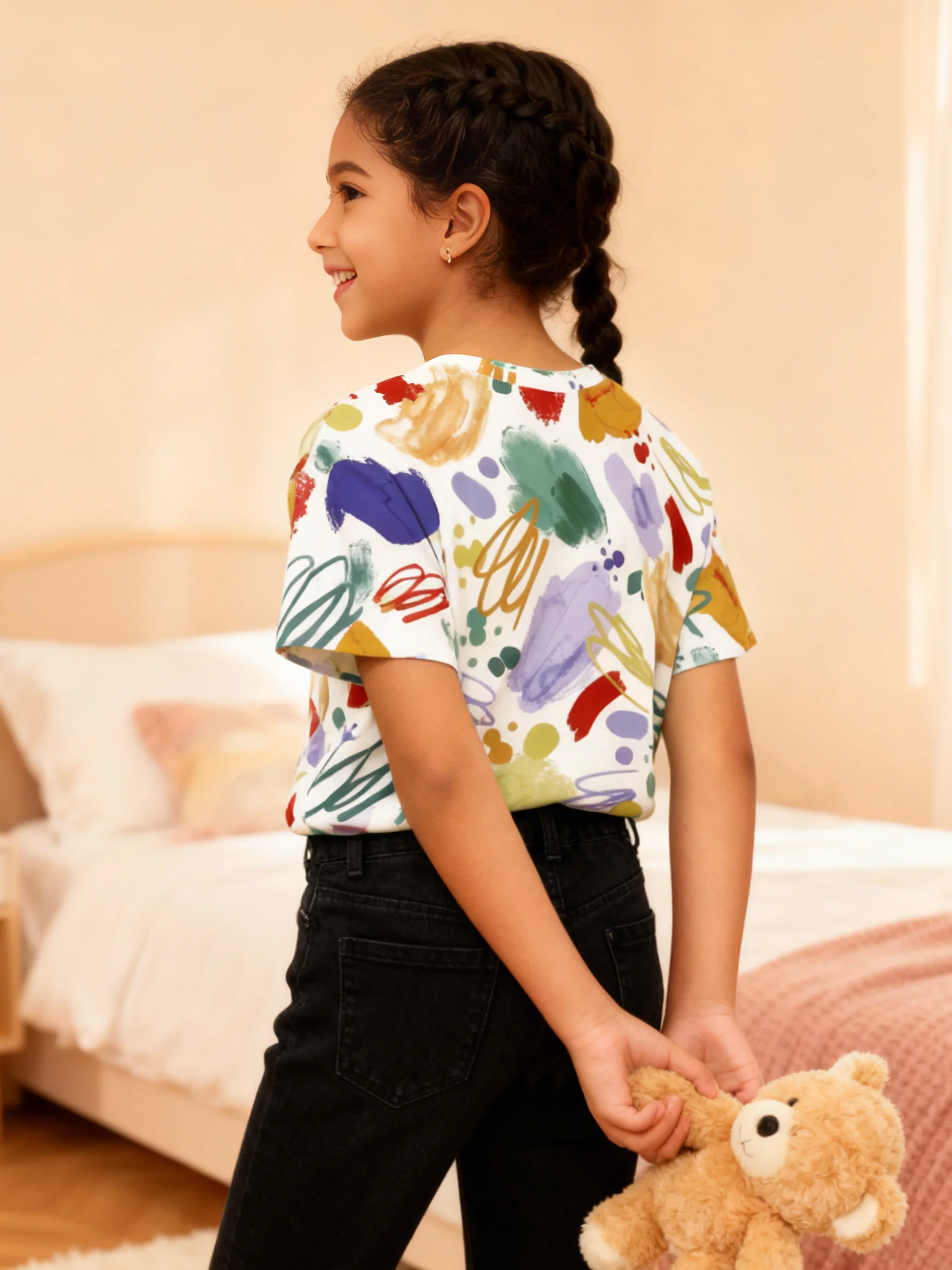 Vibrant hand-painted children's T-shirts, colorful splashing ink, lighting up happy play time